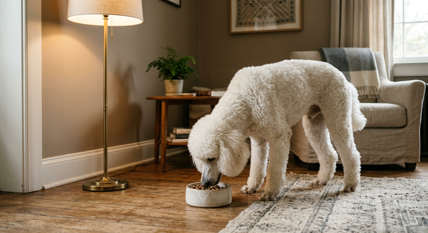 A white Poodle eating in a quiet corner of a house under a soft lamp.