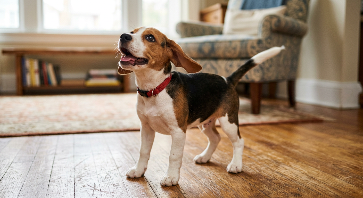 A young Beagle puppy looking up excitedly with a wagging tail in a living room setting.