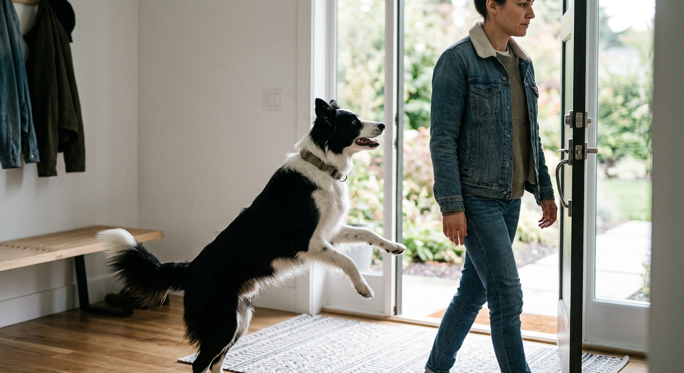 A person ignoring a jumping Border Collie to maintain a calm greeting environment.