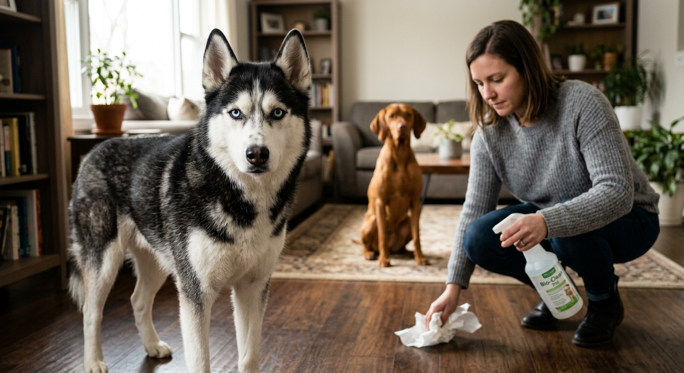 An owner cleaning a floor with a neutral expression while a dog sits calmly nearby.