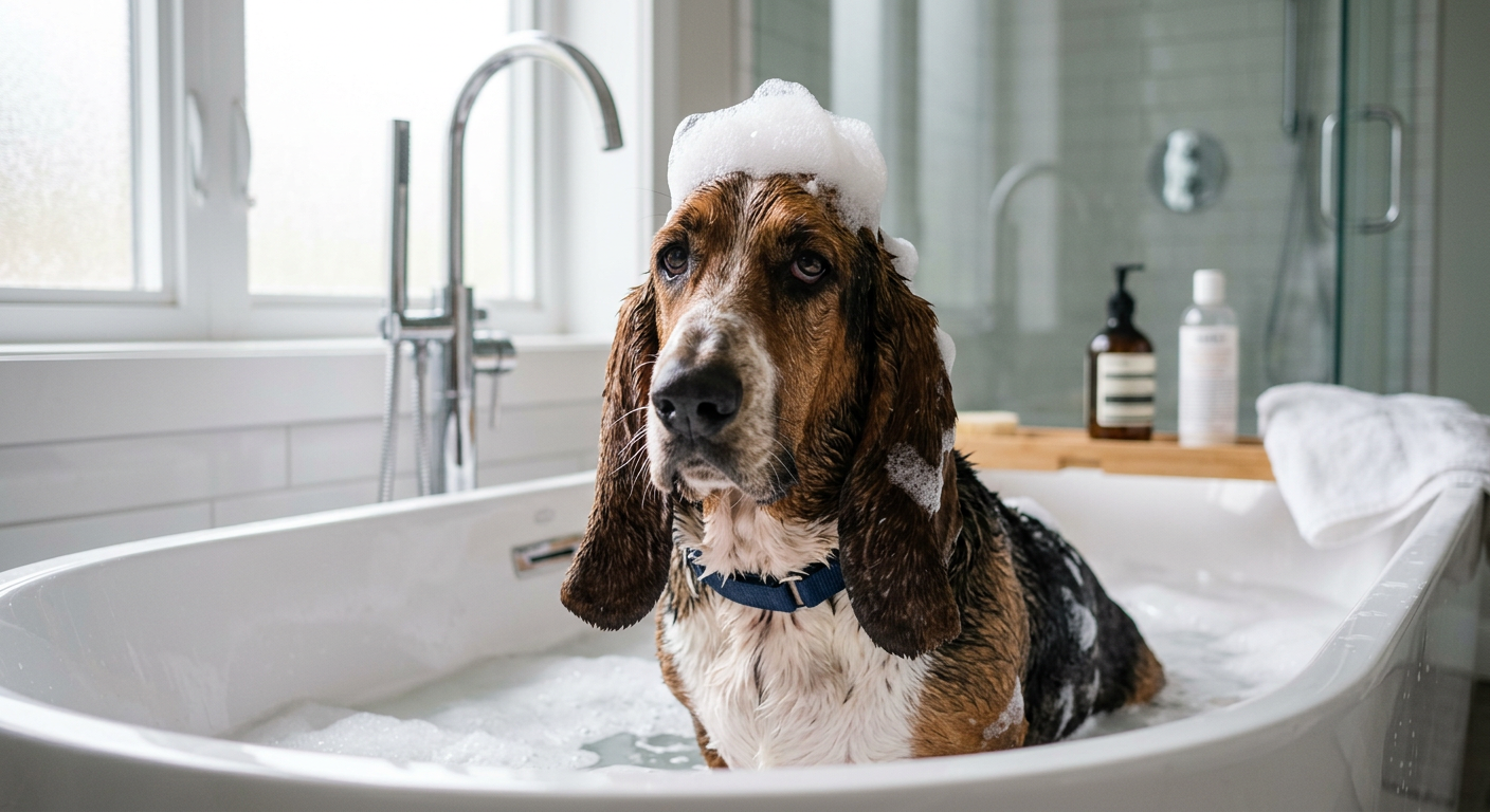 A wet Basset Hound sitting in a white bathtub looking slightly grumpy after a bath.