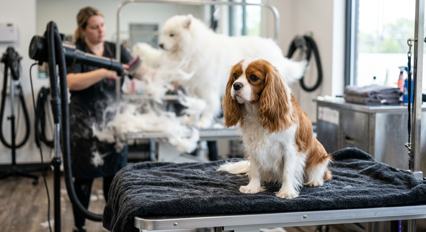 A person using a hairdryer to thoroughly dry a fluffy Samoyed dog.