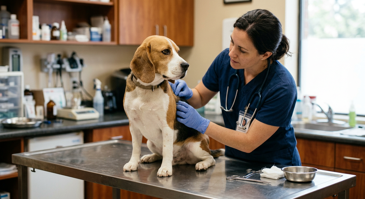 A veterinarian examining the skin and fur of a Beagle on a silver exam table.
