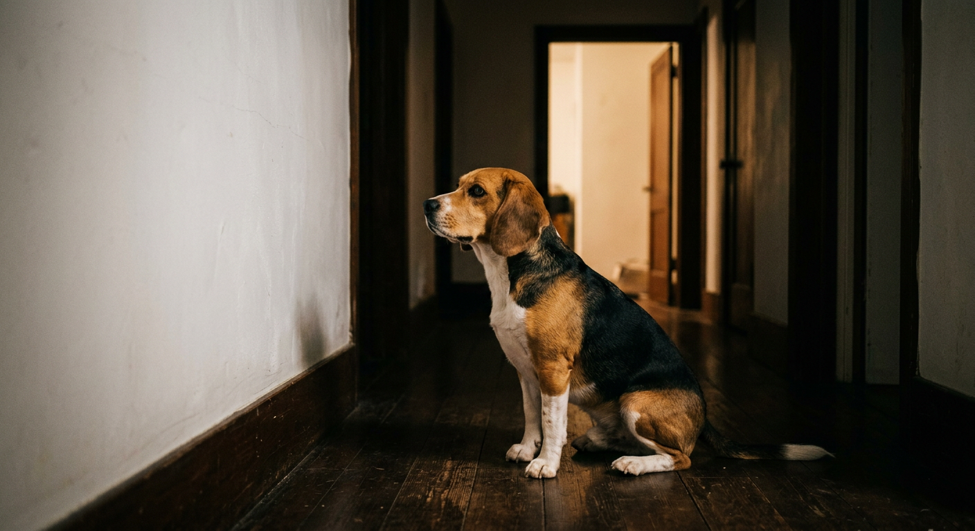 A focused Beagle sitting on a wooden floor in a dimly lit hallway staring at a white wall.