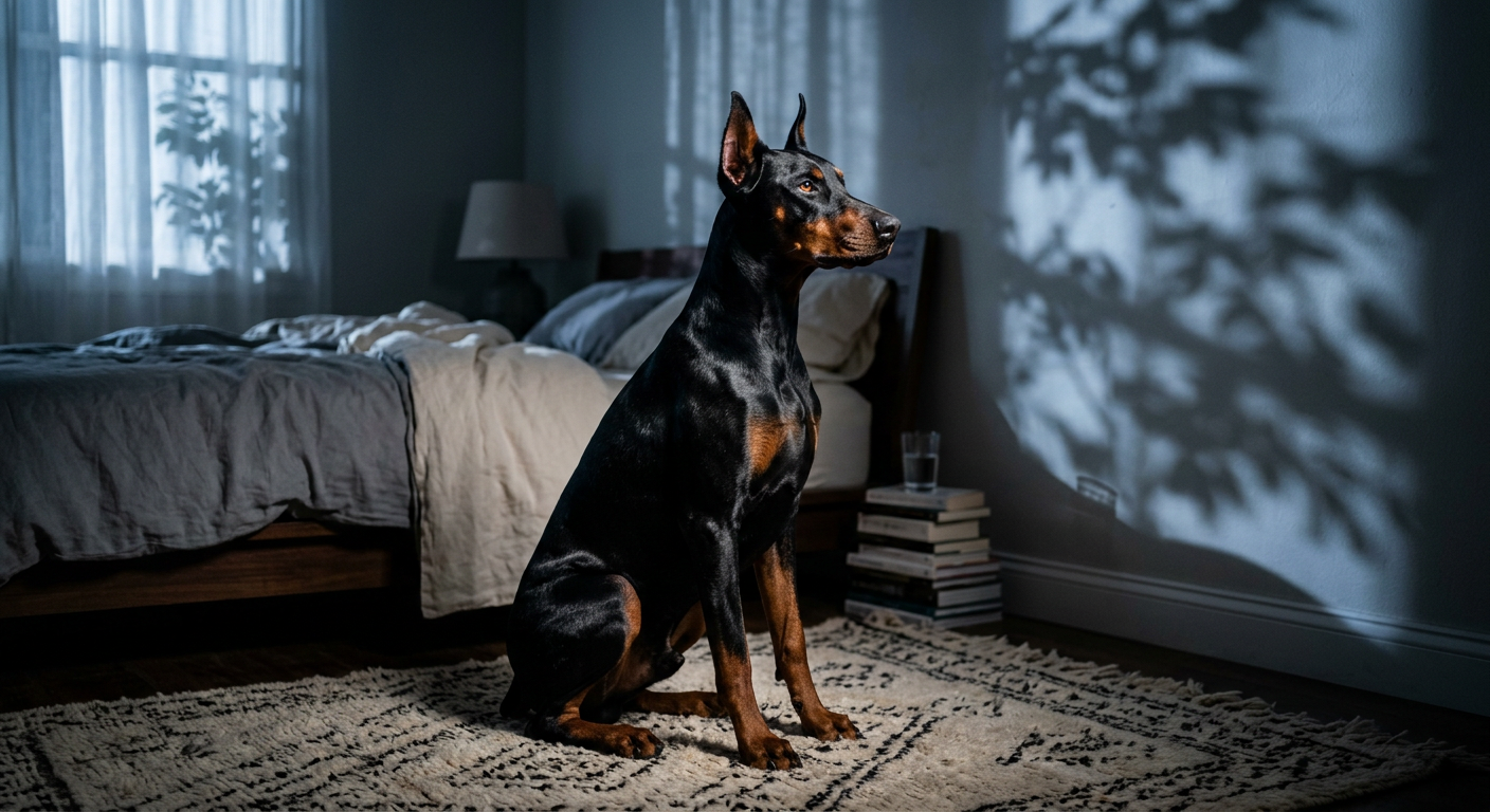 A Doberman Pinscher alertly watching shadows on a bedroom wall during the evening.