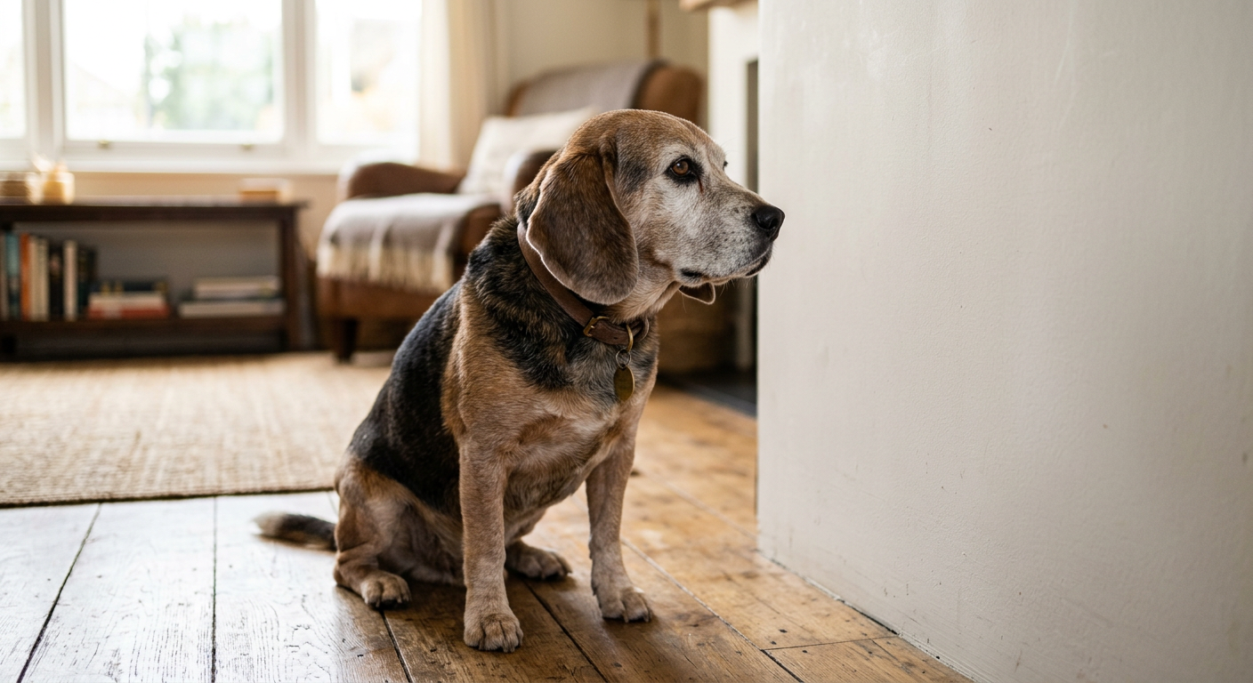 A senior Beagle dog sitting on a wooden floor staring thoughtfully at a sunlit wall.