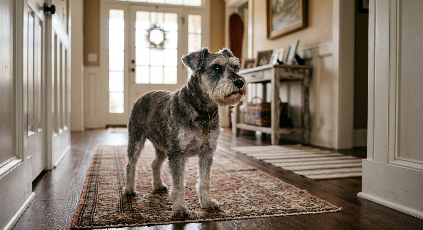 A grey-faced Miniature Schnauzer looking into the distance inside a cozy home.
