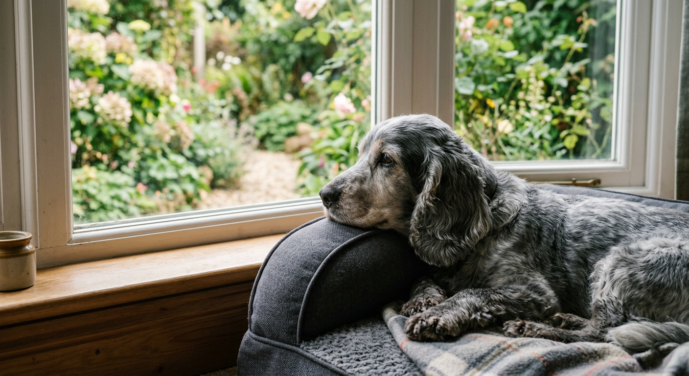 A senior Cocker Spaniel resting on an orthopedic bed looking out a window.