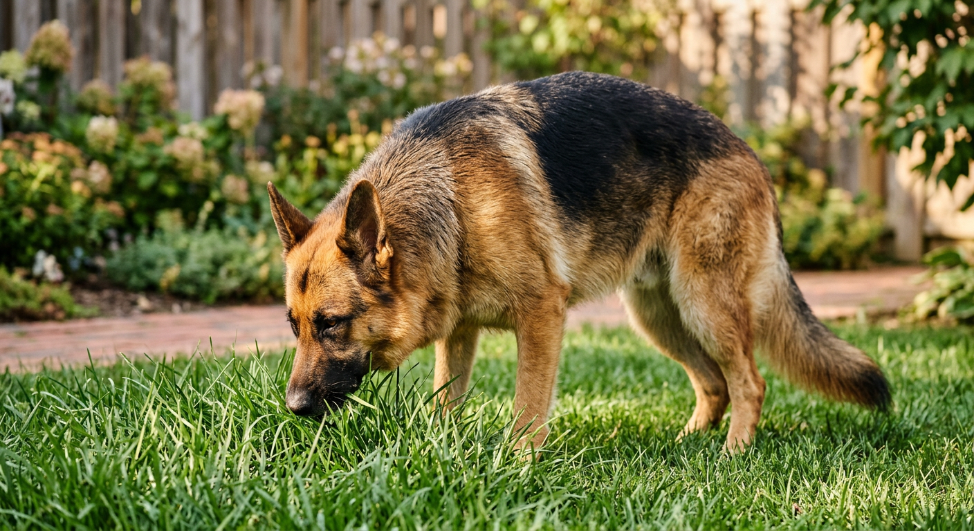 An adult German Shepherd dog sniffing and nibbling on green grass in a sunny backyard.