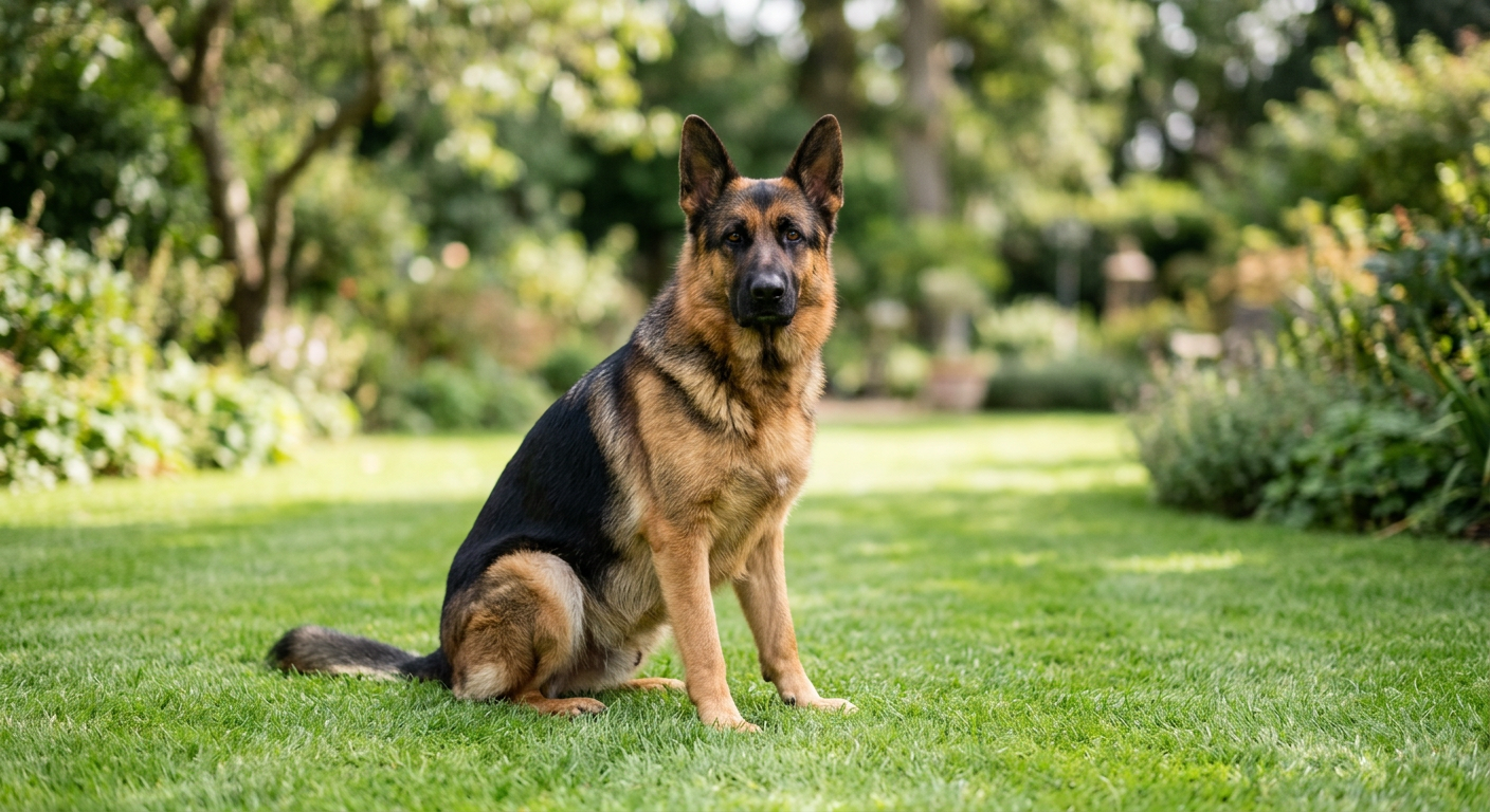 A German Shepherd sitting alertly on a green lawn looking at the camera.