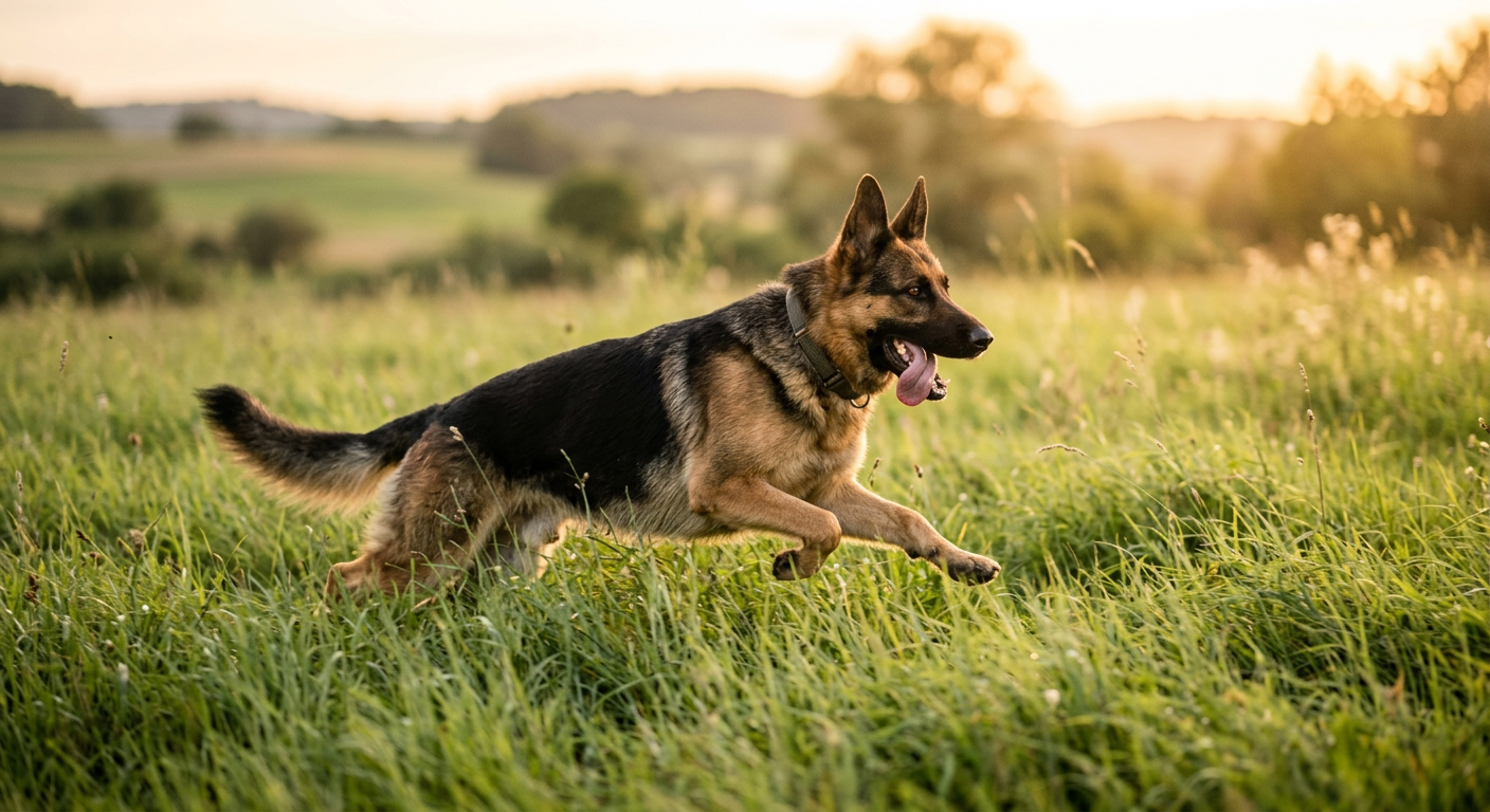 A happy German Shepherd running through a wide open grassy field.