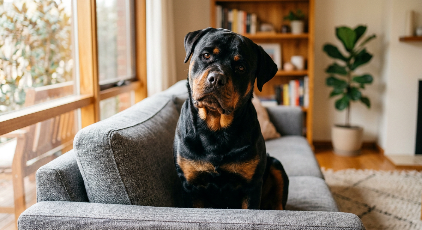 A tan Pug sitting on a grey sofa in a brightly lit living room, looking curious with its head tilted.