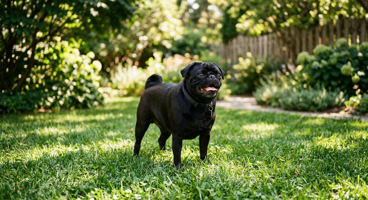 A Pug standing on green grass in a shaded garden during a sunny summer day.