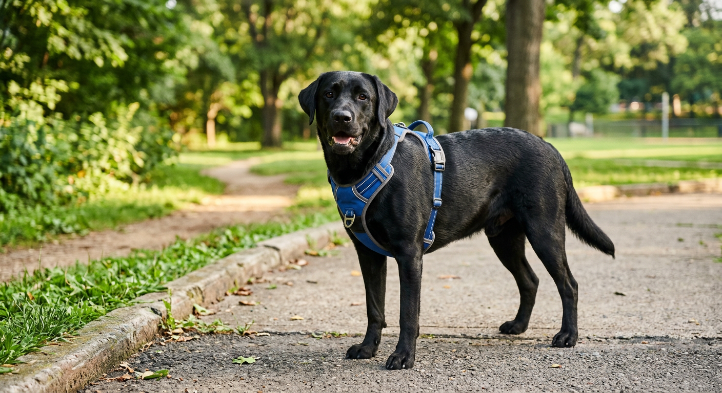 A Pug wearing a comfortable blue walking harness standing on a sidewalk during a walk.