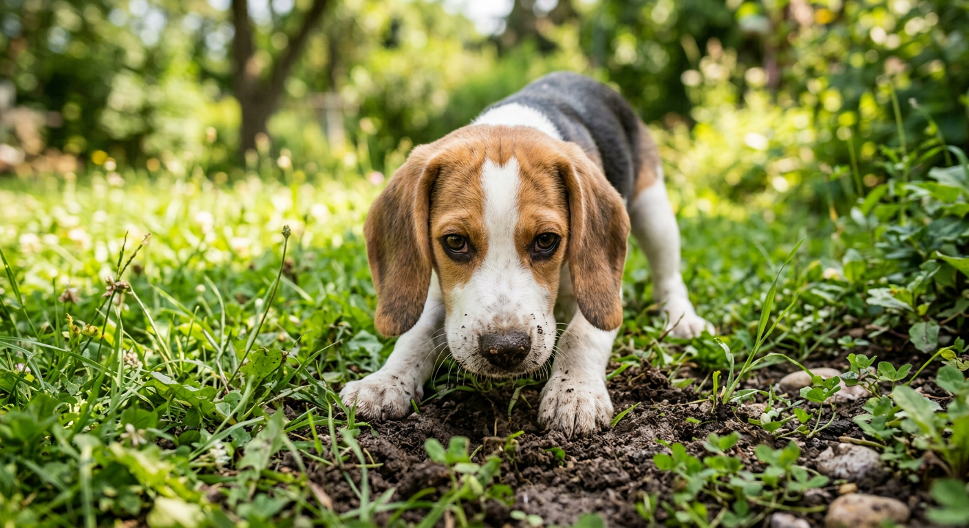 A curious Beagle puppy sniffing and gently licking a patch of mud in a sunny green garden.