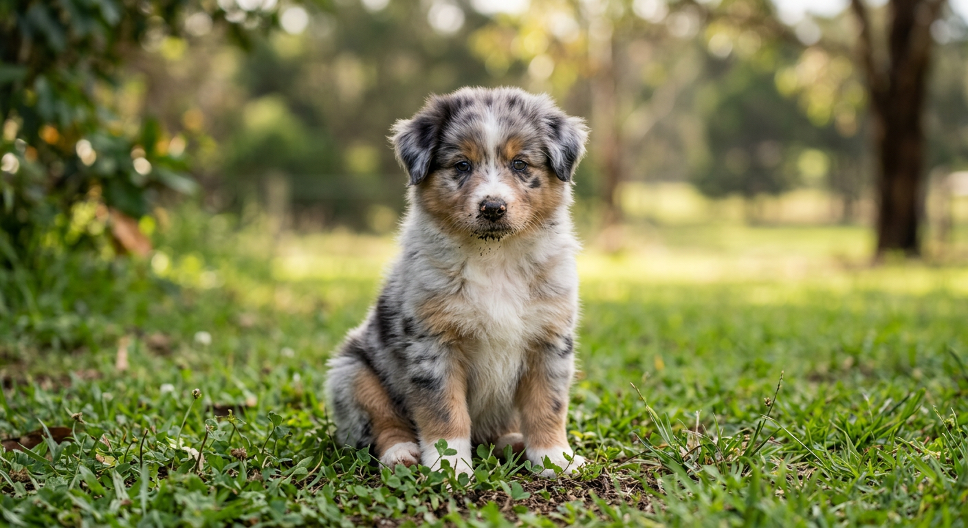 A young Australian Shepherd puppy sitting on a lawn with a small amount of dirt on its nose.