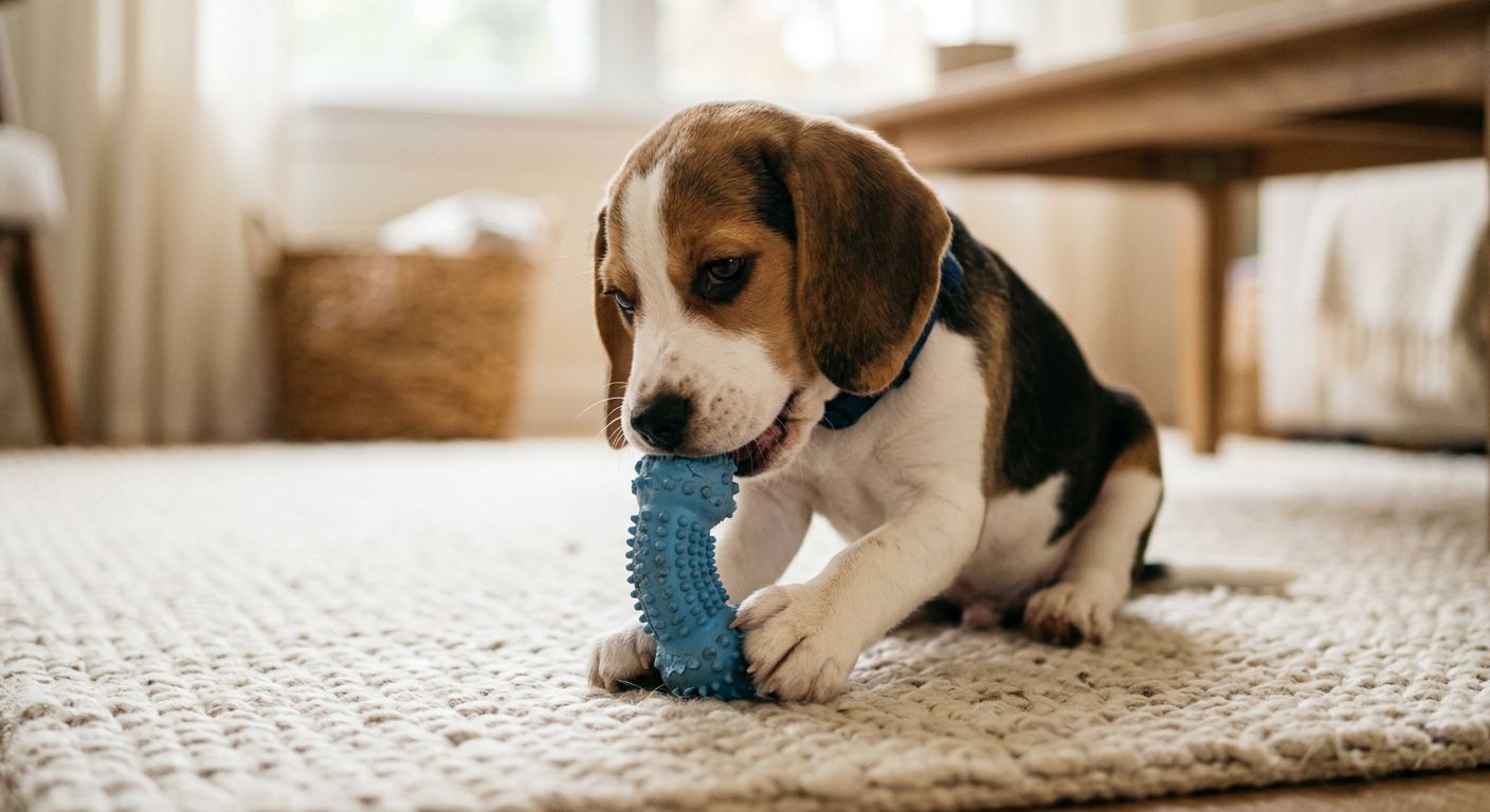 A young Beagle puppy chewing on a blue rubber teething ring in a bright living room.