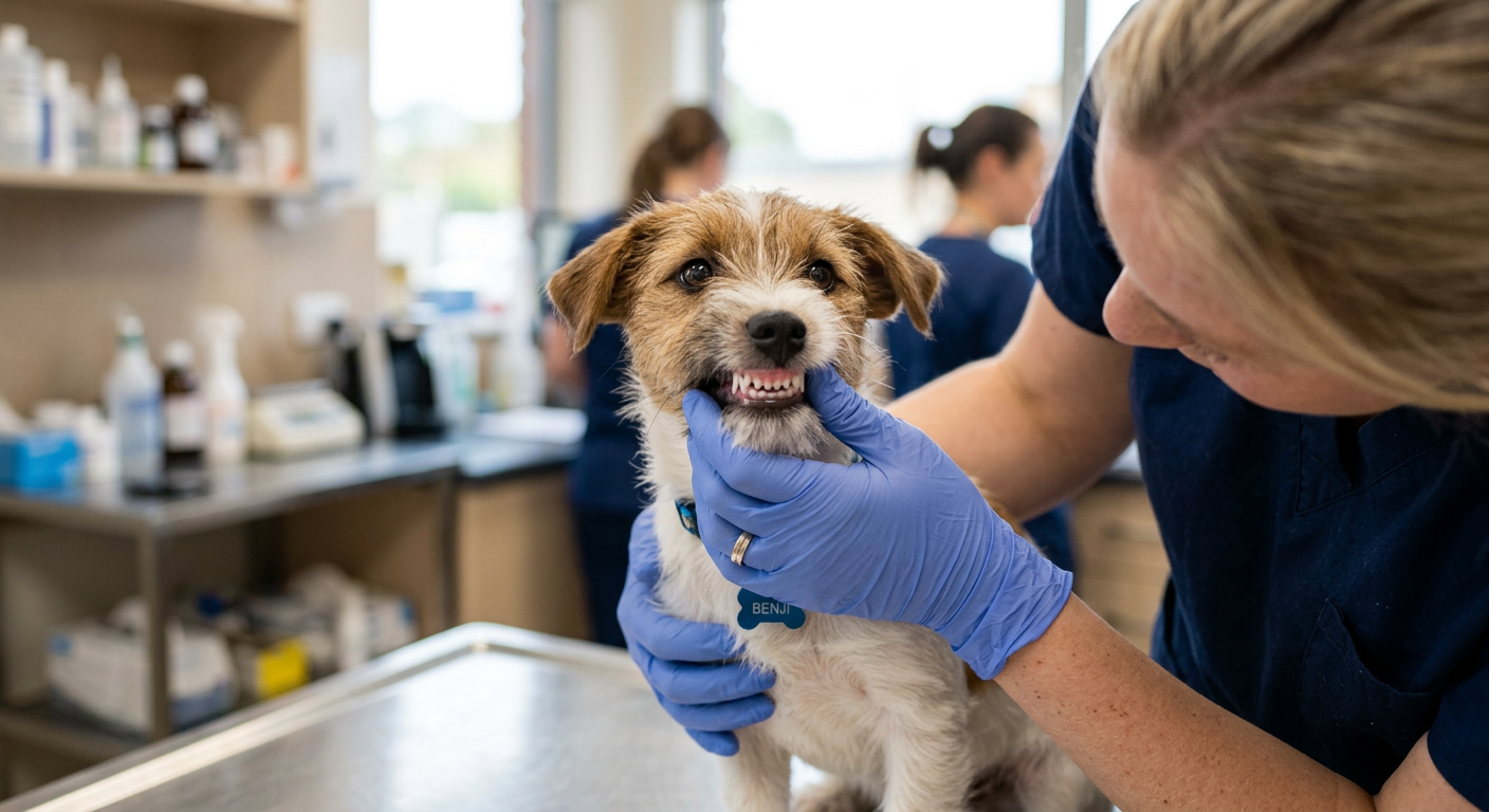 Close up of a puppy mouth being gently inspected by a person wearing blue gloves.