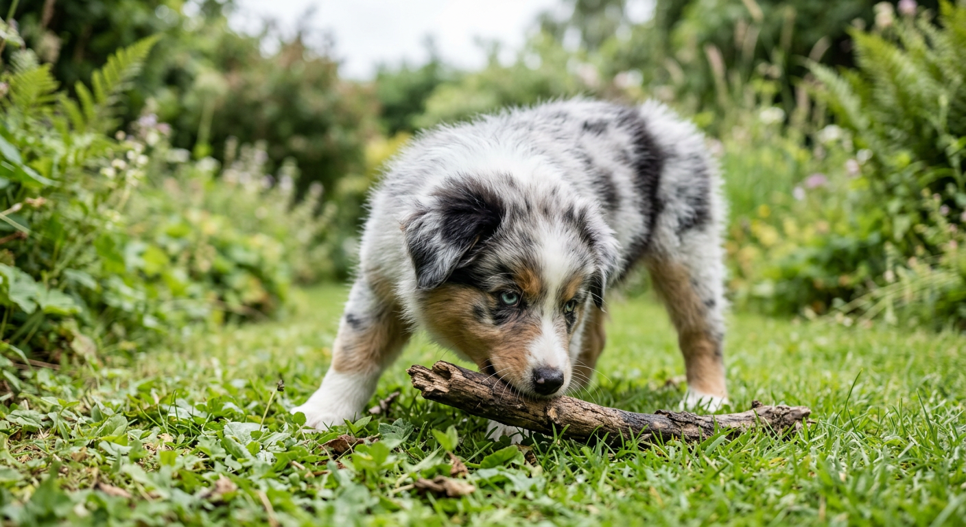 A curious Australian Shepherd puppy sniffing a wooden stick in a grassy backyard.