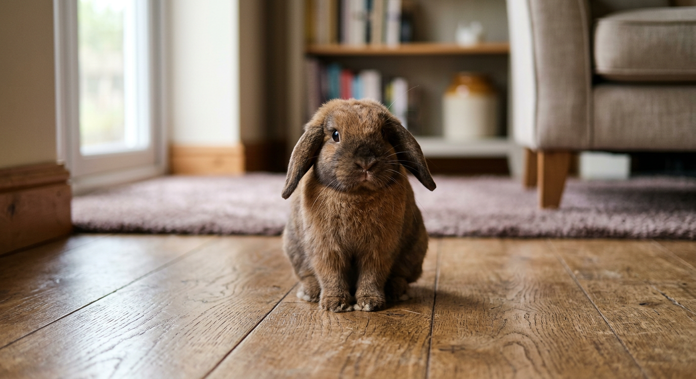 A brown Holland Lop rabbit sitting on a wooden floor with its ears forward and a focused expression.