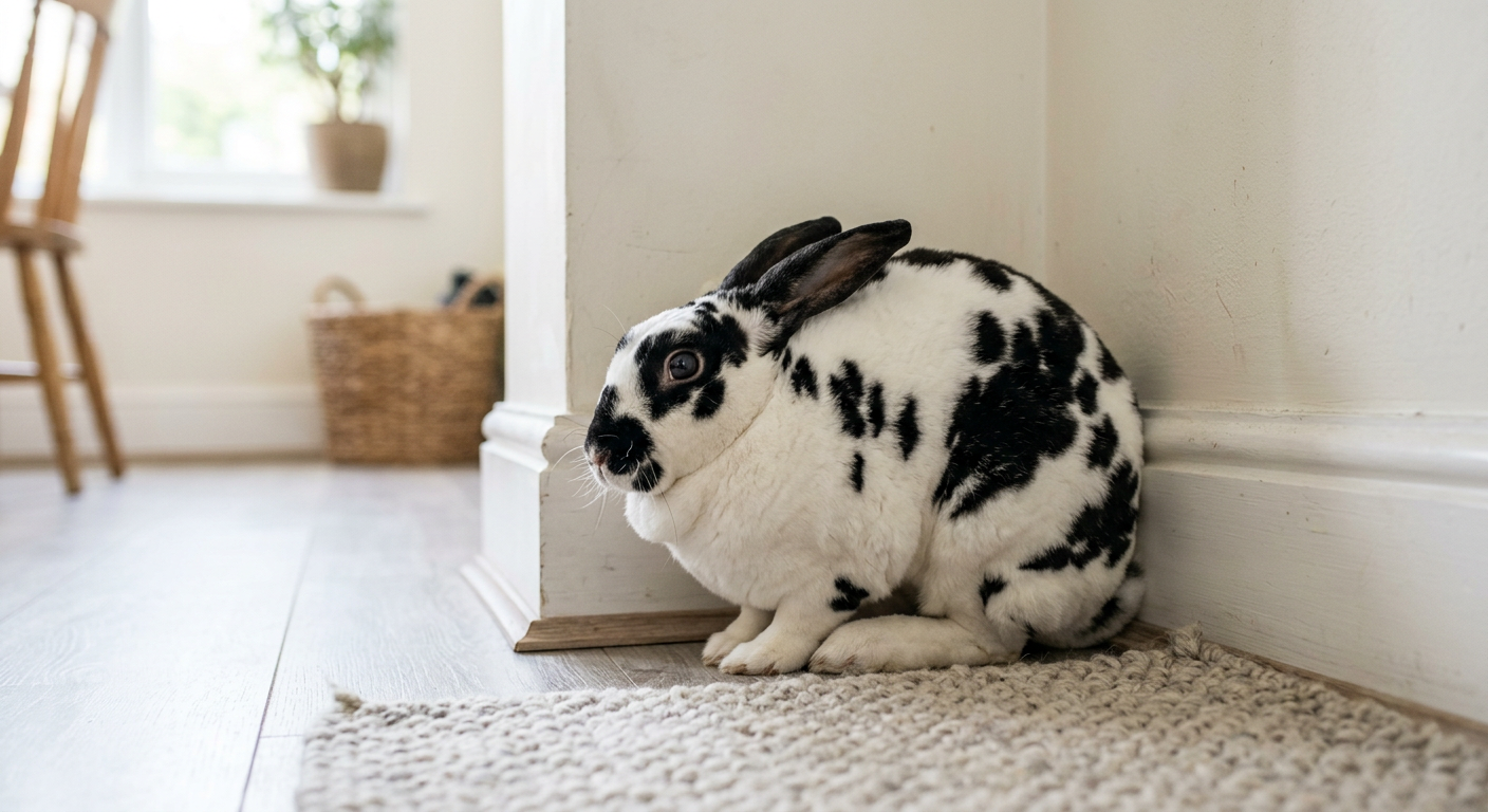 A white and black spotted Rex rabbit tucked into a corner of a room looking slightly nervous.