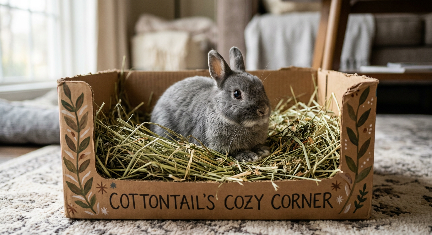 A Netherland Dwarf rabbit sitting inside a cozy cardboard box hideout with hay.