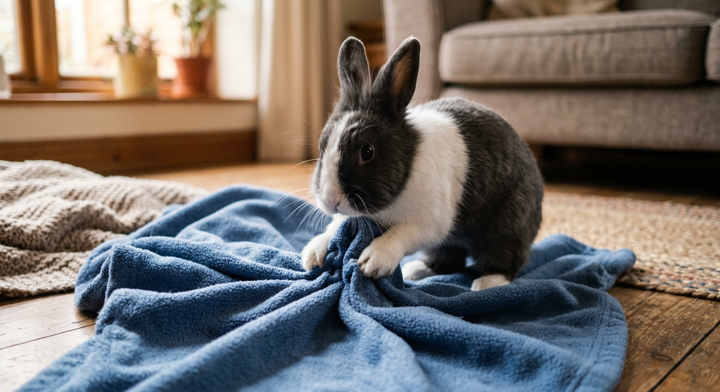 A Dutch rabbit using its paws to push and organize a soft blue fleece blanket on a wooden floor.