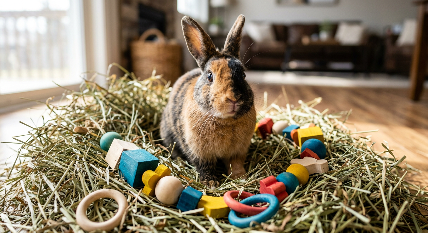 A Harlequin rabbit sitting inside a pile of fresh Timothy hay and wooden chew toys.