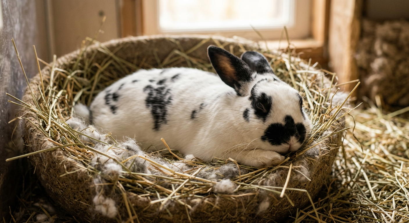 An English Spot rabbit resting peacefully in a well-organized nest of hay and blankets.
