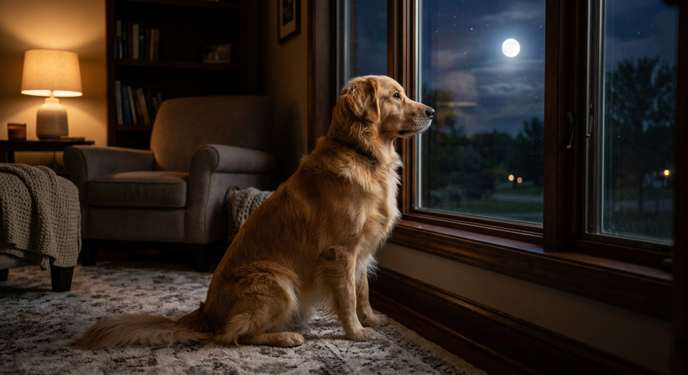 A dog sitting alertly by a window at night looking at shadows outside in a dimly lit room.