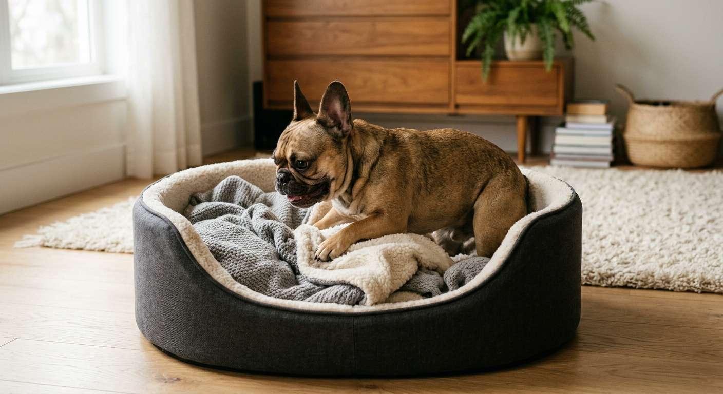 A dog circling its plush bed and fluffing up blankets before finally lying down to sleep.
