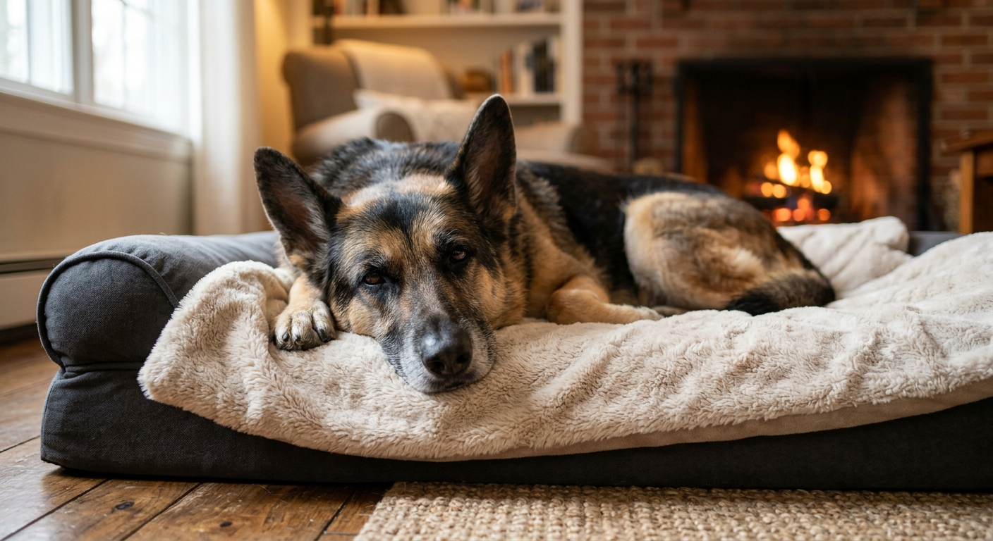 An older dog resting peacefully on a large orthopedic bed in a quiet corner of a room.