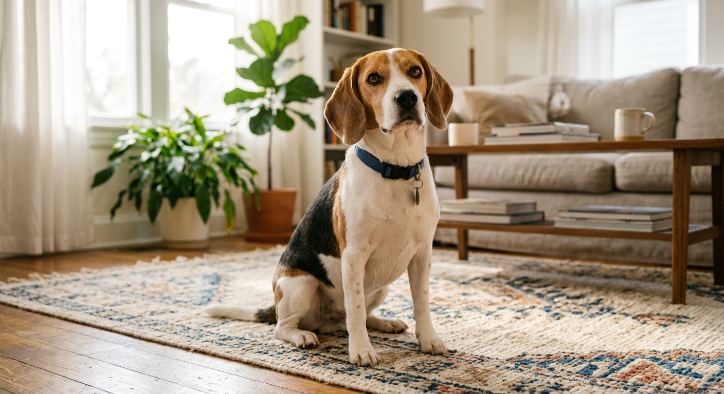 A calm Beagle sitting on a patterned rug in a bright, modern living room looking curious.