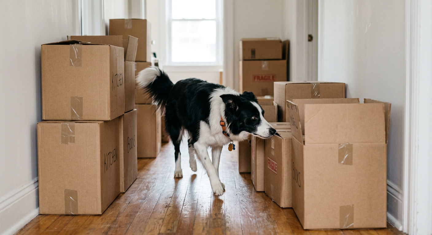 A curious Border Collie sniffing moving boxes in a hallway during a house move.