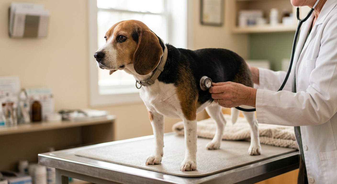 A friendly Beagle getting a gentle checkup from a veterinarian in a clean clinic.
