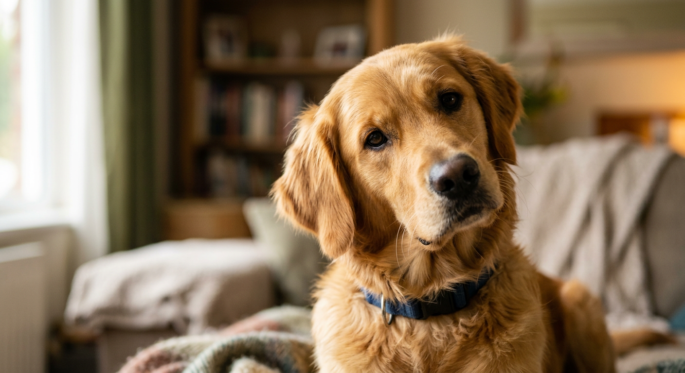 A curious Golden Retriever tilting its head while looking intently at the camera in a bright living room.