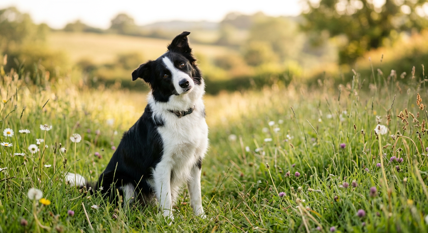 A Border Collie tilting its head while listening to its owner off-screen in a green park setting.