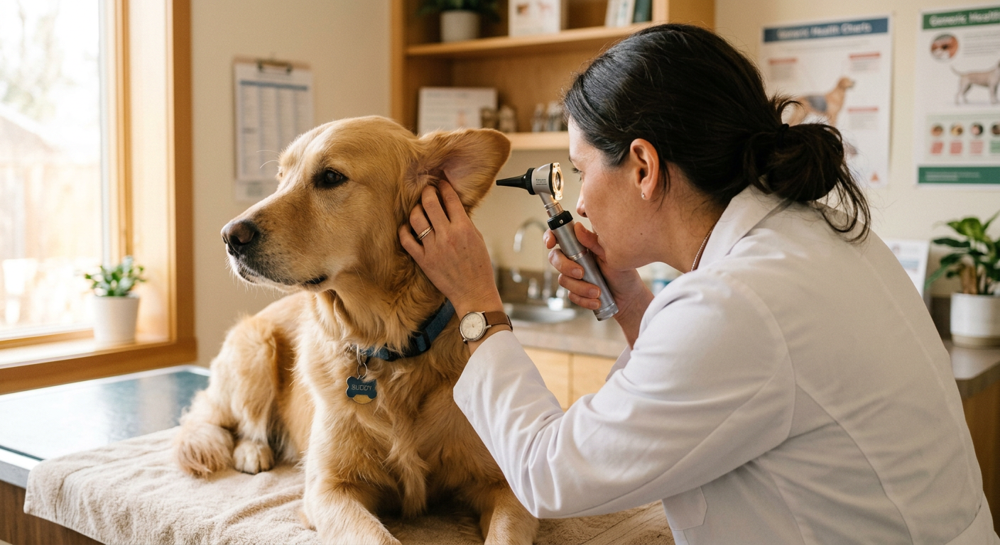 A veterinarian gently examining a dog's ears during a routine wellness check-up in a clean clinic.