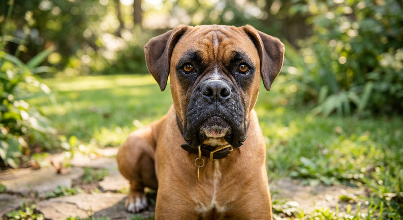 Close up of a brown and white Boxer dog showing its unique jowl and muzzle structure in a garden.