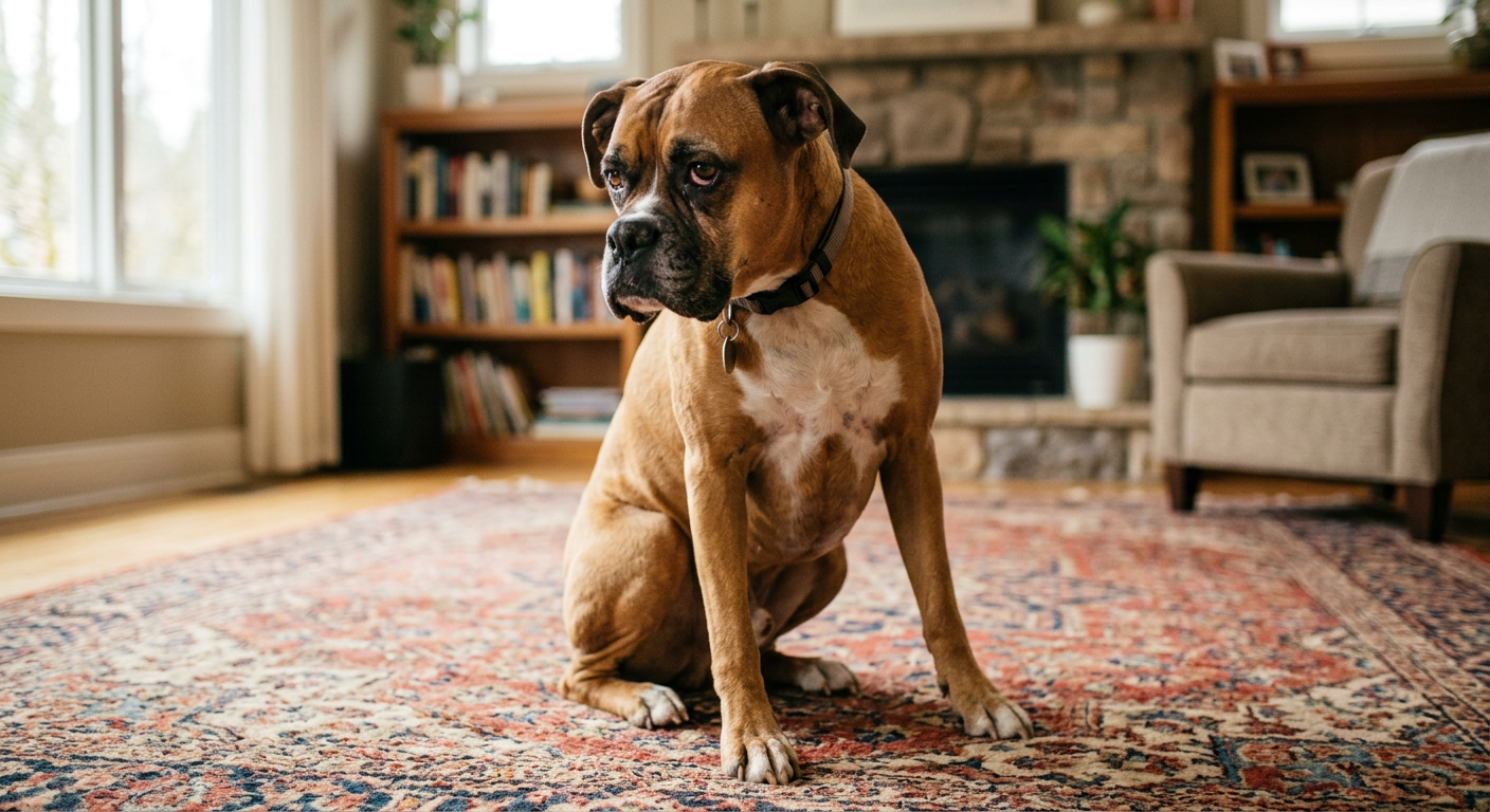 A worried-looking Boxer dog sitting on a rug with a slight amount of drool visible.