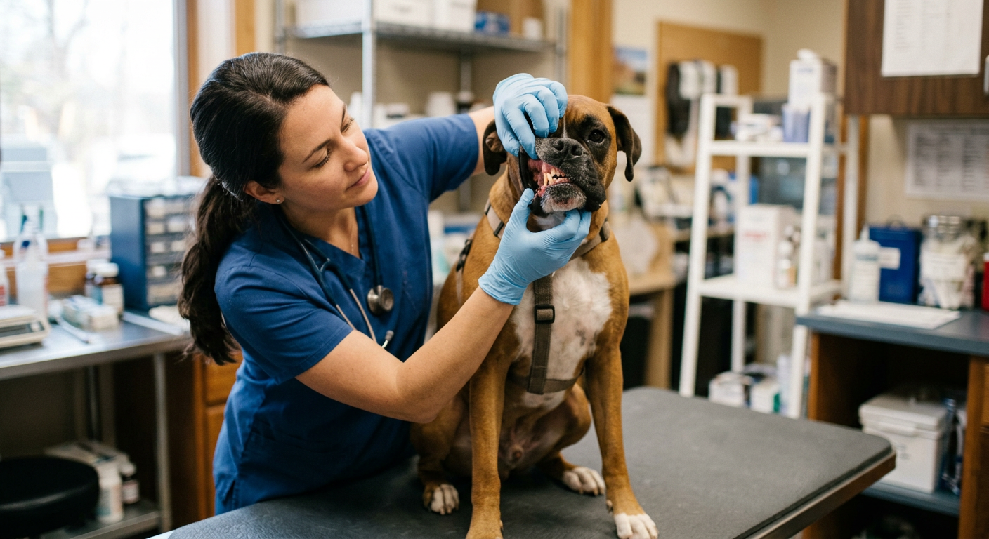 A friendly veterinarian gently examining a Boxer dog's mouth in a clean, modern clinic.