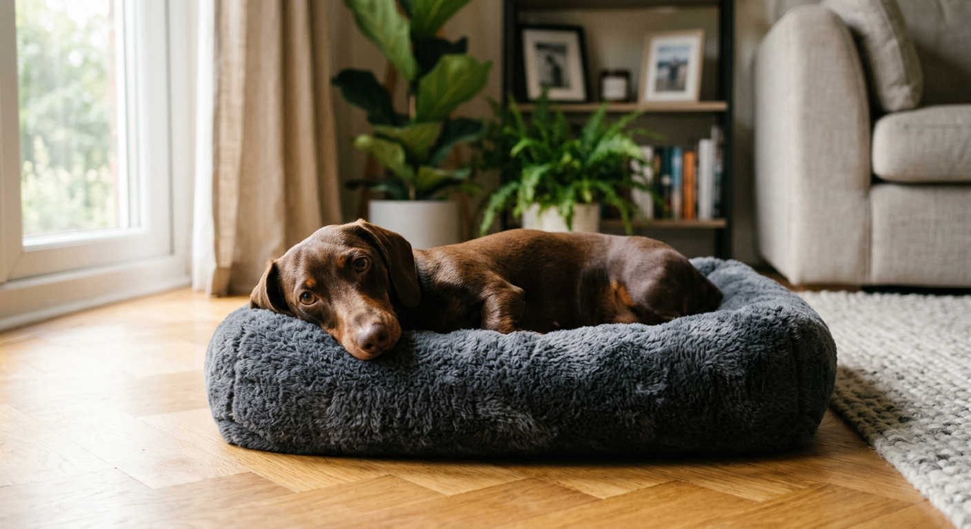 A brown smooth-haired Dachshund resting comfortably in a soft dog bed looking alert.