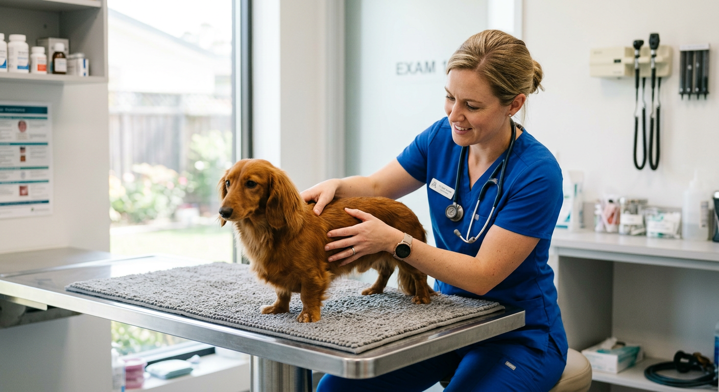 A veterinarian gently examining a Dachshund on a clinical table.