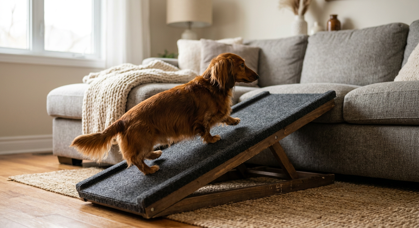 A Dachshund using a wooden ramp to climb onto a sofa comfortably.