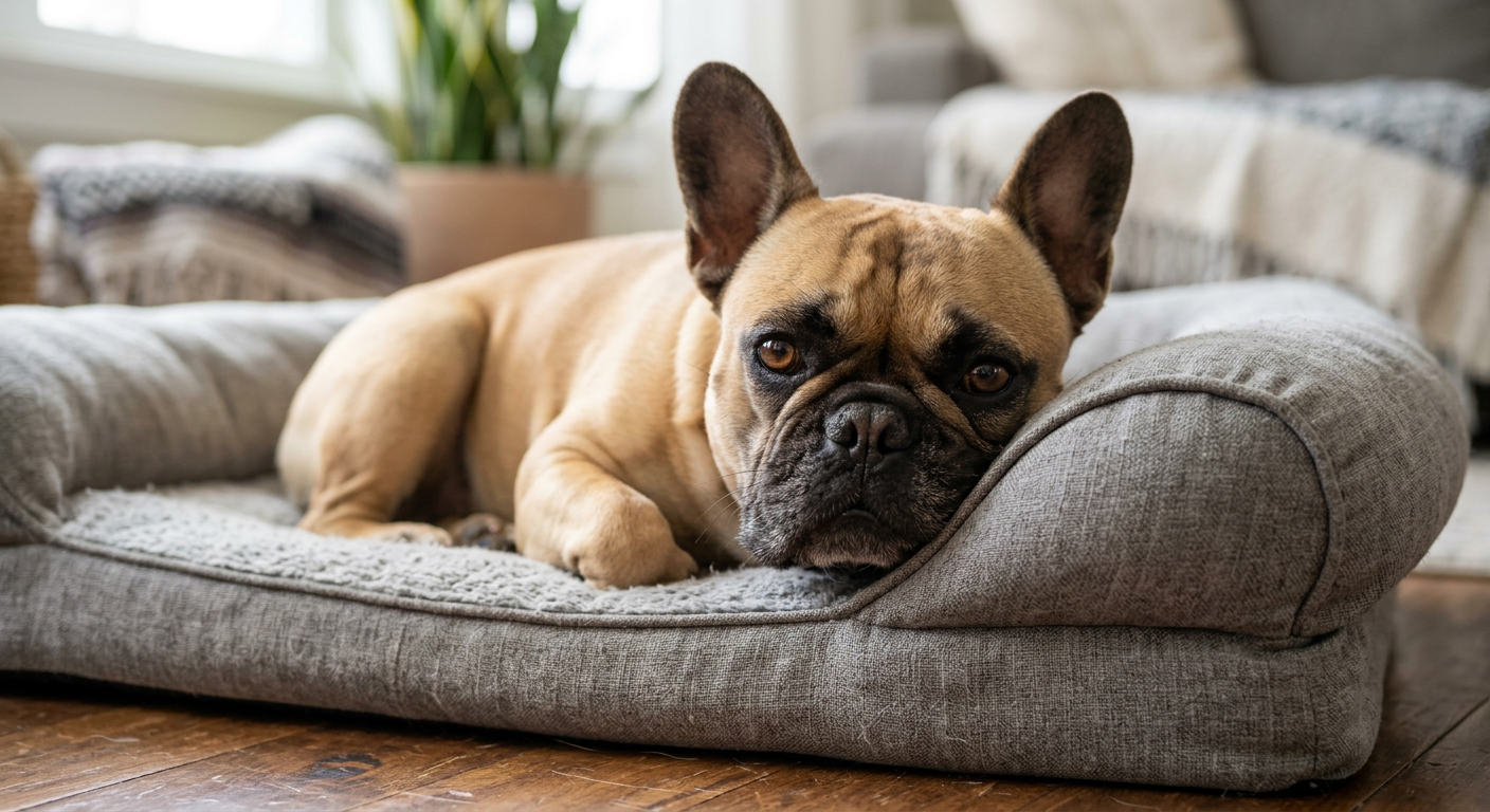 A fawn French Bulldog resting its head on a pillow looking peacefully at the camera.