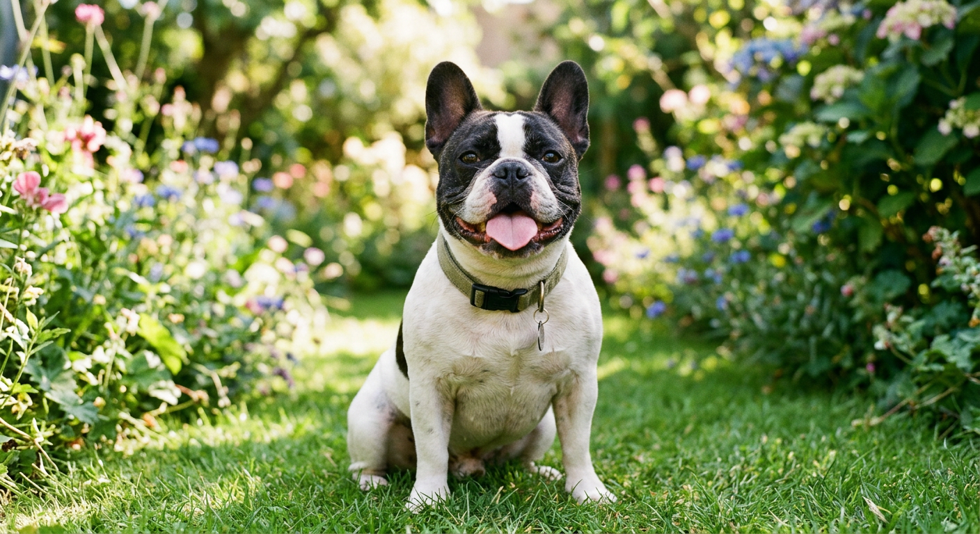 A black and white Frenchie panting happily in a shaded grassy area.