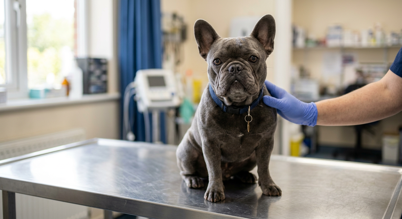 A French Bulldog sitting calmly on a veterinary examination table with a friendly vet.