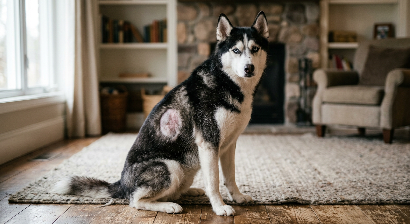 A Siberian Husky sitting in a living room with visible thinning patches of fur on its flank and leg.