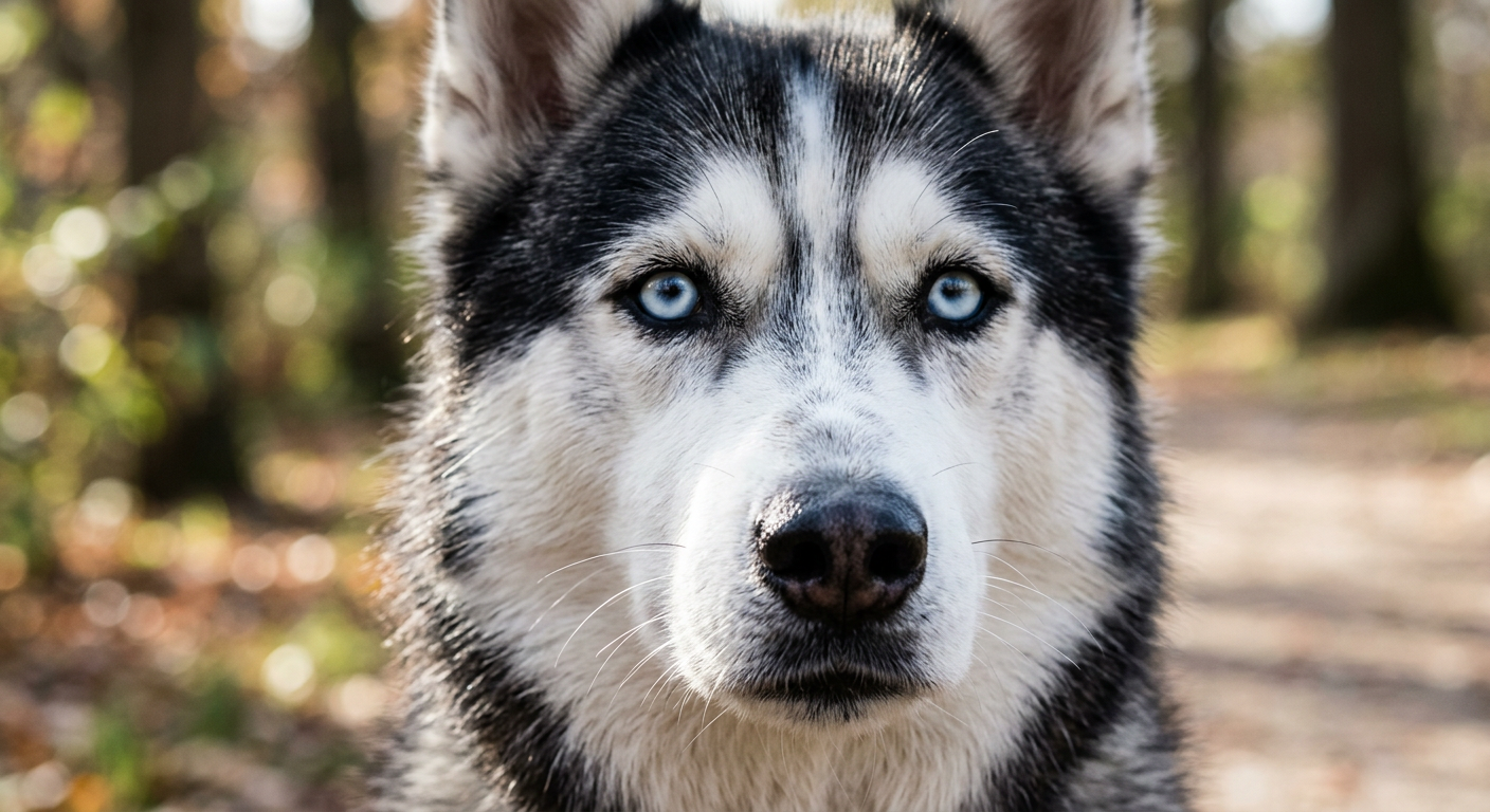 Close up of a Siberian Husky face showing healthy fur and eyes for comparison to skin issues.