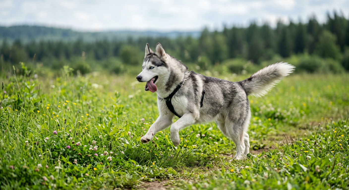 A Siberian Husky running happily in the grass, showing a full and healthy coat.